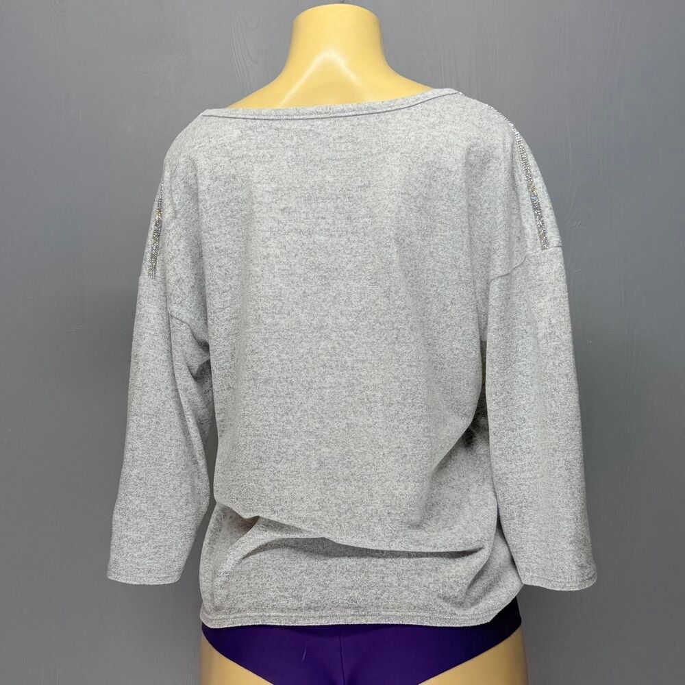 89th + Madison Gray Sweater Top L | Ruched Drawstring | Rhinestone Shoulder - Picture 3 of 4